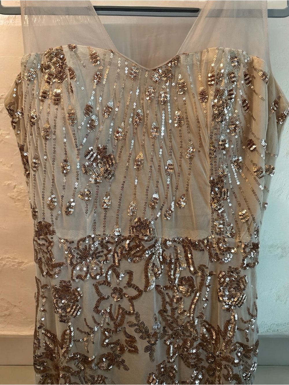 Gold Sequin Embellished Mesh Evening Gown - Picture 2 of 3